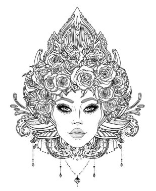 Kabile erime Boho Diva. Güzel Asyalı ilahi kız süslü taç, kokoshnik ilham ile. Bohem tanrıça. Elle çizilmiş zarif illüstrasyon. Lotus çiçeği, etnik sanat, Hint paisley desenli.