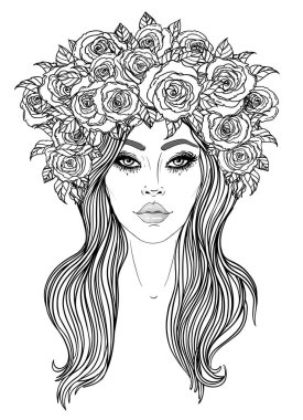 Kabile erime Boho Diva. Güzel Asyalı ilahi kız süslü taç, kokoshnik ilham ile. Bohem tanrıça. Elle çizilmiş zarif illüstrasyon. Lotus çiçeği, etnik sanat, Hint paisley desenli.