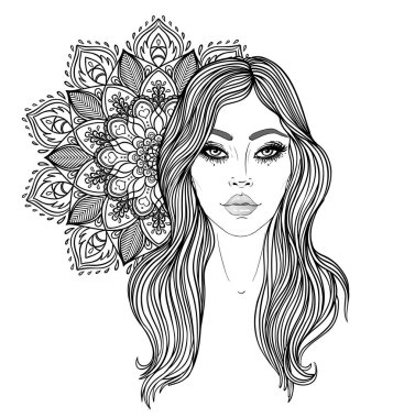 Kabile erime Boho Diva. Güzel Asyalı ilahi kız süslü taç, kokoshnik ilham ile. Bohem tanrıça. Elle çizilmiş zarif illüstrasyon. Lotus çiçeği, etnik sanat, Hint paisley desenli.