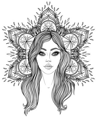 Kabile erime Boho Diva. Güzel Asyalı ilahi kız süslü taç, kokoshnik ilham ile. Bohem tanrıça. Elle çizilmiş zarif illüstrasyon. Lotus çiçeği, etnik sanat, Hint paisley desenli.