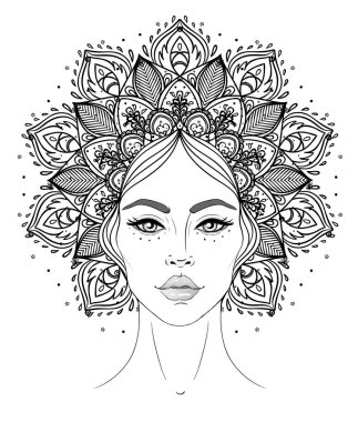 Kabile erime Boho Diva. Güzel Asyalı ilahi kız süslü taç, kokoshnik ilham ile. Bohem tanrıça. Elle çizilmiş zarif illüstrasyon. Lotus çiçeği, etnik sanat, Hint paisley desenli.