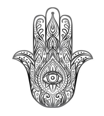 Süslü elle çizilmiş hamsa. Popüler Arap ve Yahudi muska. Vektör çizim üzerinde beyaz izole. Dövme tasarım, mistik sembol. boyama kitabı yetişkinler için. Siyah anahat tattoo flash.