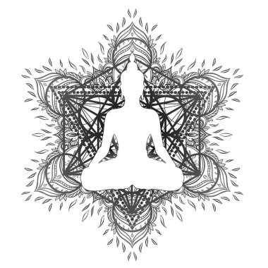 Buddha Statue süslü mandala üzerinde oturan desen esin kaynağı oldu. Ezoterik vintage vektör çizim. Hint, Budizm, ruhani sanat. Hippi dövme, maneviyat, Tay Tanrı, yoga zen yetişkin boyama kitabı.