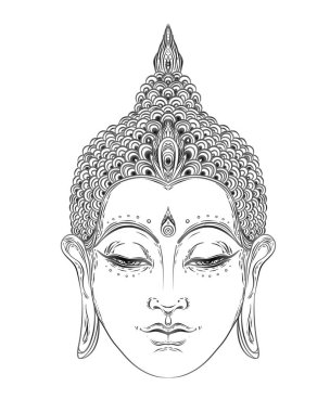 Buda yüz beyaz izole. Ezoterik vintage vektör çizim. Hint, Budizm, ruhani sanat. Hippi dövme, maneviyat, Tay Tanrı, yoga zen boyama kitabı sayfaları yetişkinler için.