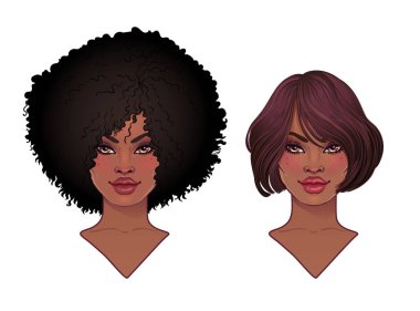 İki Afrikalı-Amerikalı güzel kızlar. Vektör çizim, siyah kadınla afro saç modeli ve boyun. Büyük avatarlar için.