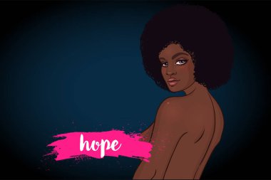 Ekim: Göğüs kanseri duyarlılığı ayı, hastalık bilincini artırmak için yıllık kampanya. Meme Kanseri Bilinçlendirme pembe şerit, Afrikalı-Amerikalı kadınla illüstrasyon sağlık, tıp vektör