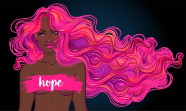 Ekim: Göğüs kanseri duyarlılığı ayı, hastalık bilincini artırmak için yıllık kampanya. Meme Kanseri Bilinçlendirme pembe şerit, Afrikalı-Amerikalı kadınla illüstrasyon sağlık, tıp vektör