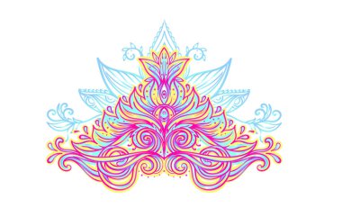 Streç ve gücü. Yoga kart tasarımı. Ruhsal geri çekilme ya da yoga studio için renkli şablonu. Süs kartvizit, oryantal desen. Vektör çizim