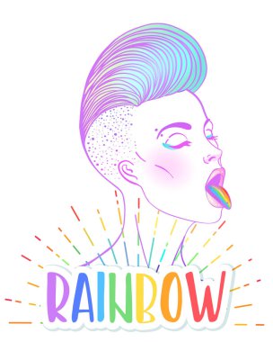 Kısa taraf olan oldukça beyaz bir kadın portresi gökkuşağı Dil Gösterilen saçını traş. LGBT kavramı. Vektör çizim üzerinde beyaz izole. Lezbiyen kızlardan çizilmiş sanat el.