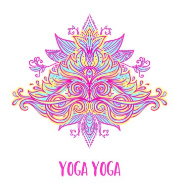Streç ve gücü. Yoga kart tasarımı. Ruhsal geri çekilme ya da yoga studio için renkli şablonu. Süs kartvizit, oryantal desen. Vektör çizim