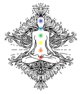 Çakra kavramı. İç aşk, ışık ve barış. Buda siluet renkli süslü mandala üzerinde lotus pozisyonda. Vektör illüstrasyon izole. Budizm ezoterik motifler. Dövme, manevi yoga. -Vektör