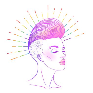 Kısa taraf olan güzel bir kadın portresi saçını kesmişsin. Gökkuşağı renkli saç. LGBT kavramı. Vektör çizim üzerinde beyaz izole. Elle çizilmiş sanatı modern bir kız.