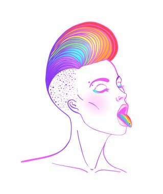Kısa taraf olan oldukça beyaz bir kadın portresi gökkuşağı Dil Gösterilen saçını traş. LGBT kavramı. Vektör çizim üzerinde beyaz izole. Lezbiyen kızlardan çizilmiş sanat el.