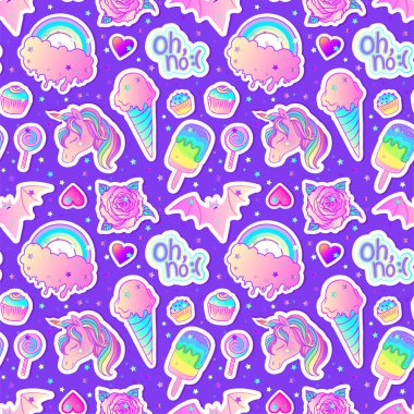 Renkli seamless modeli: tek boynuzlu at, şekerleme, gökkuşağı, dondurma, lolipop, cupcake, gül, yarasa. Vektör çizim. Çıkartmalar, iğne, yamalar. Kawaii pastel renkler. Şirin Gotik tarzı.