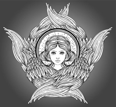Seraph, altı kanatlı melek. Vektör illüstrasyon izole el çekilmiş. Hıristiyan angelology en yüksek rütbe. Trendy Vintage stil öğesi. Maneviyat, büyü, simya, büyü, aşk. Boyama kitabı.