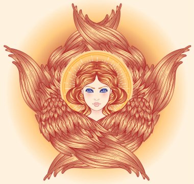 Seraph, altı kanatlı melek. Vektör illüstrasyon izole el çekilmiş. Hıristiyan angelology en yüksek rütbe. Trendy Vintage stil öğesi. Maneviyat, büyü, simya, büyü, aşk. Altın Halo.