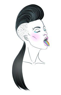 Kısa taraf olan oldukça beyaz bir kadın portresi gökkuşağı Dil Gösterilen saçını traş. LGBT kavramı. Vektör çizim üzerinde beyaz izole. Lezbiyen kızlardan çizilmiş sanat el.