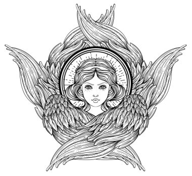 Seraph, six winged Angel. Isolated hand drawn vector illustration. Highest rank in Christian angelology. Trendy Vintage style element. Spirituality, occultism, alchemy, magic, love. Coloring book. clipart