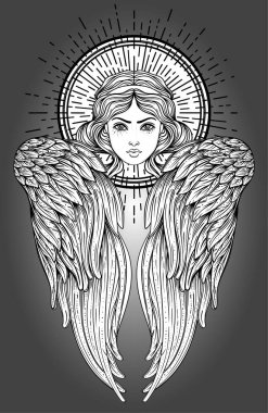 Şirin, Alkonost, Rus efsane Gamayun mitolojik yaratık. Kanatlı melek kız. Vektör illüstrasyon izole el çekilmiş. Trendy Vintage stil öğesi. Maneviyat, büyü, simya, büyü