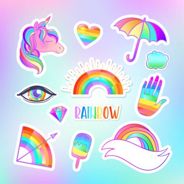 Renkli etiket kümesi: şeker, tatlılar, gökkuşağı. Vektör çizim. Çıkartmalar, iğne, yamalar. Cadılar Bayramı pastel renkler. Şirin Gotik tarzı.