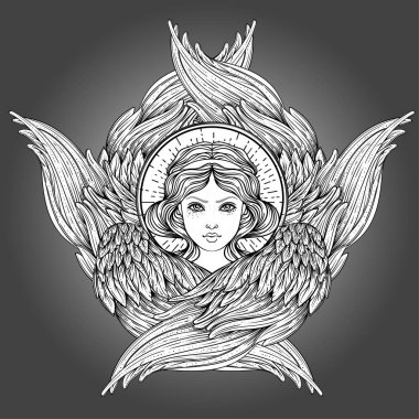 Seraph, altı kanatlı melek. Vektör illüstrasyon izole el çekilmiş. Hıristiyan angelology en yüksek rütbe. Trendy Vintage stil öğesi. Maneviyat, büyü, simya, büyü, aşk. Boyama kitabı.