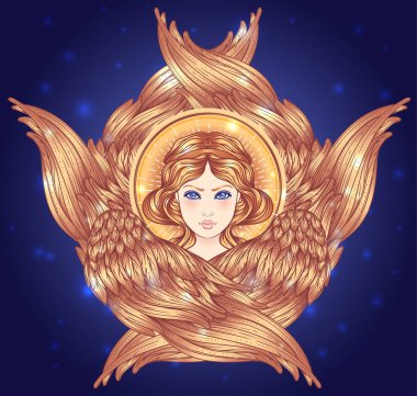 Seraph, six winged Angel. Isolated hand drawn vector illustration. Highest rank in Christian angelology. Trendy Vintage style element. Spirituality, occultism, alchemy, magic, love. Golden Halo. clipart