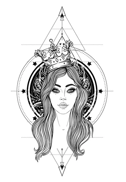 Богиня Черно Белая Девушка Над Знаком Сакральной Геометрии Изолированная Векторная — стоковый вектор