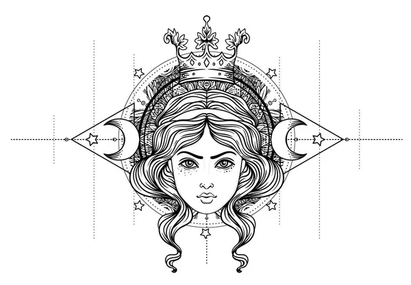 Diosa Divina Chica Blanca Negra Sobre Signo Geometría Sagrada Ilustración — Vector de stock