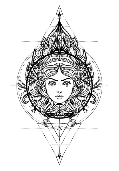 Deusa Divina Menina Preto Branco Sobre Signo Geometria Sagrada Ilustração —  Vetores de Stock