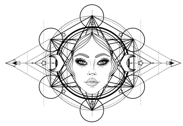 神圣的女神 黑和白色女孩在神圣的几何标志 被隔绝的向量例证 纹身素描 神秘的象征 炼金术 着色书 手绘复古 — 图库矢量图片