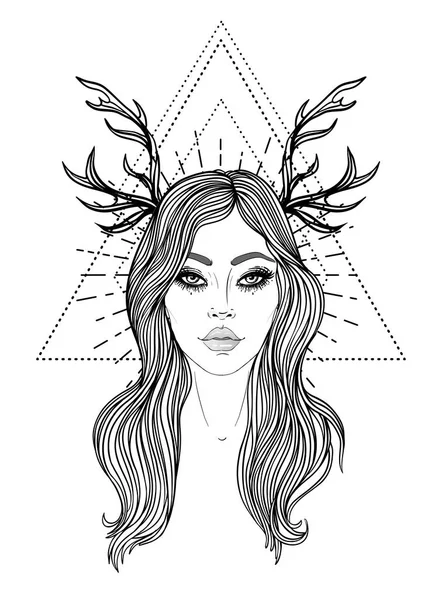 Deusa Divina Menina Preto Branco Sobre Signo Geometria Sagrada Ilustração — Vetor de Stock