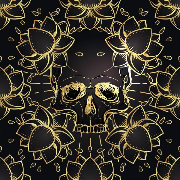 Crâne Humain Motif Sans Couture Lotus Géométrie Sacrée Symbole Ayurvédique — Image vectorielle