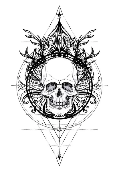 Human Skull Lotus Sobre Mandala Inspiraron Geometría Sagrada Símbolo Ayurveda — Archivo Imágenes Vectoriales