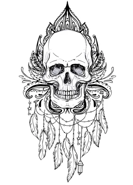 Crâne Humain Lotus Sur Mandala Inspiré Géométrie Sacrée Symbole Ayurvédique — Image vectorielle