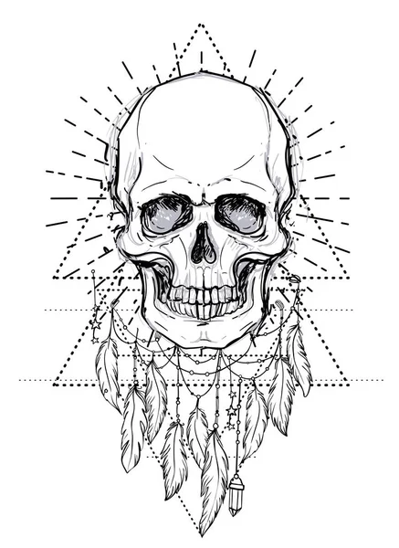 Human Skull Lotus Sobre Mandala Inspiraron Geometría Sagrada Símbolo Ayurveda — Archivo Imágenes Vectoriales