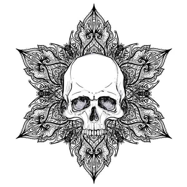 Human Skull Lotus Sobre Mandala Inspiraron Geometría Sagrada Símbolo Ayurveda — Archivo Imágenes Vectoriales