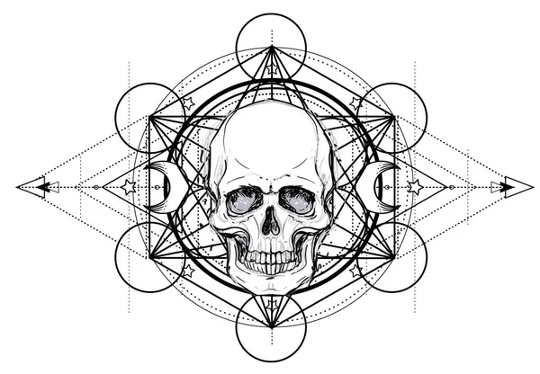 Human Skull Lotus Sobre Mandala Inspiraron Geometría Sagrada Símbolo Ayurveda — Archivo Imágenes Vectoriales