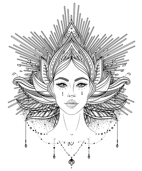 Tribal Fusion Boho Diva Beautiful Asian Divine Girl Ornate Crown — Stock Vector