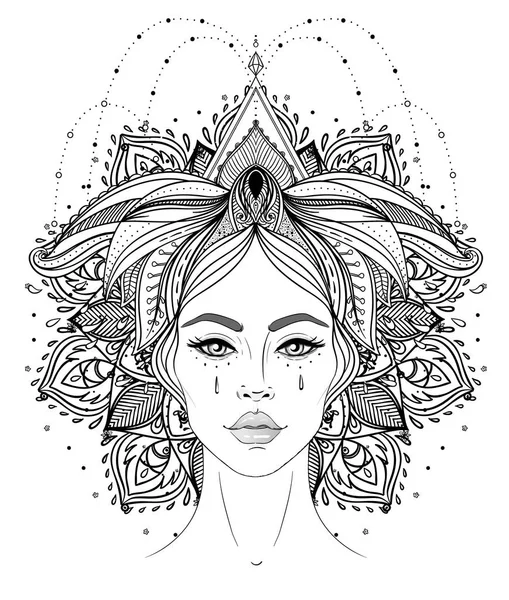 Tribal Fusion Boho Diva Beautiful Asian Divine Girl Ornate Crown — Stock Vector