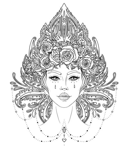 Tribal Fusion Boho Diva Beautiful Asian Divine Girl Ornate Crown — Stock Vector