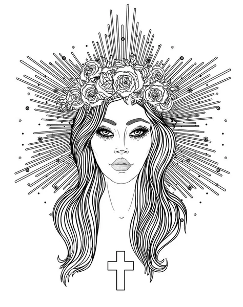 マドンナ 悲しみの女性 天の女王 聖母マリアの無原罪の心への献身 ベクトル図は 白で隔離 大人のための塗り絵 タトゥーのデザイン — ストックベクタ