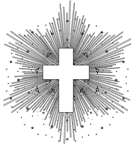 Esquema Dibujo Cruz Católica Con Rayos Del Sol Estilo Vintage — Vector de stock
