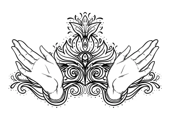 Θηλυκό Ανοιχτό Χέρια Πάνω Από Την Ιερή Γεωμετρία Στοιχεία Σχεδίασης — Διανυσματικό Αρχείο