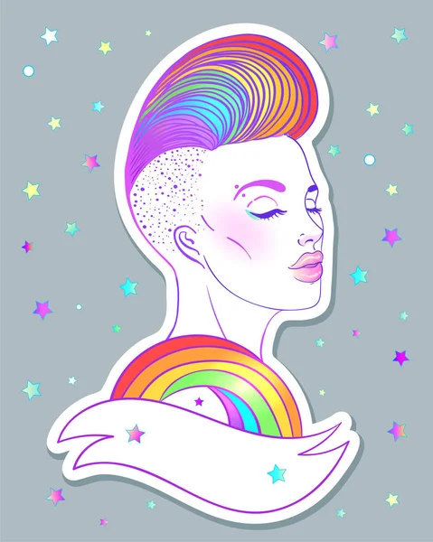 Portrait Young Pretty Woman Short Side Shaved Haircut Rainbow Colored — Stock Vector