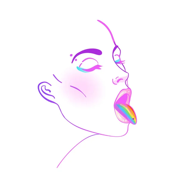 一个女人的肖像显示彩虹舌头 Lgbt 在白色查出的向量例证 一个女同性恋女孩手绘 — 图库矢量图片