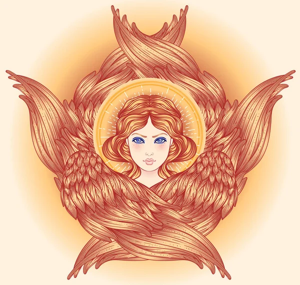 塞拉普 六个有翅膀的天使 被隔绝的手绘的向量例证 最高的等级在基督徒天使学 时尚复古风格元素 炼金术 金色光环 — 图库矢量图片
