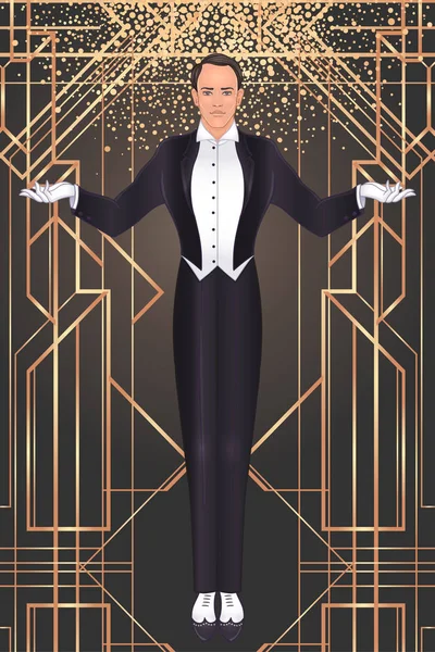 Art Deco Vintage Invitation Template Design Illustration Man Great Gatsby — Stock Vector
