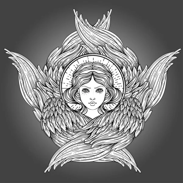 塞拉普 六个有翅膀的天使 被隔绝的手绘的向量例证 最高的等级在基督徒天使学 时尚复古风格元素 炼金术 着色书 — 图库矢量图片