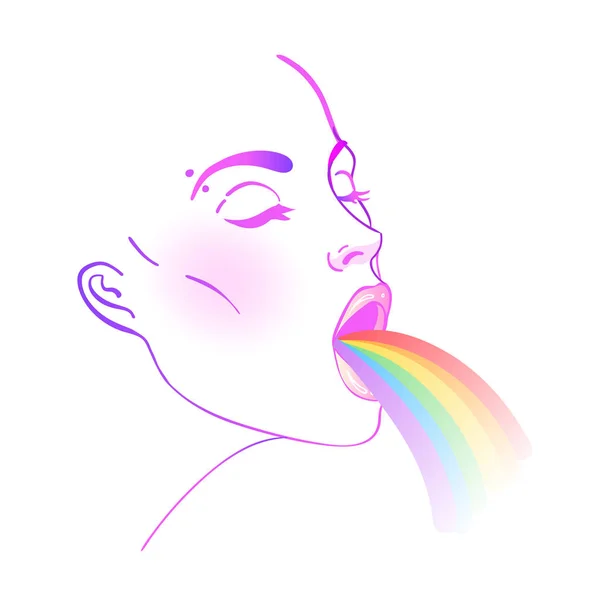 Mujer Bonita Vomitando Arco Iris Ilustración Dibujada Mano Sobre Fondo — Vector de stock