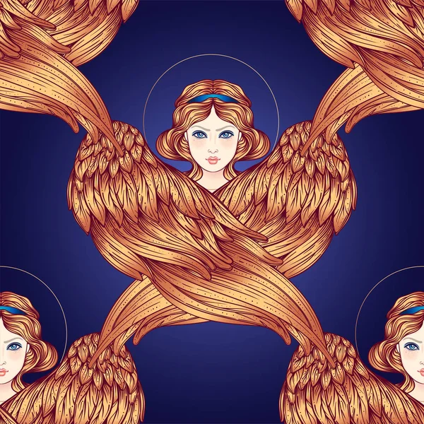 Seraph Six Anges Ailés Modèle Sans Couture Illustration Vectorielle Dessinée — Image vectorielle